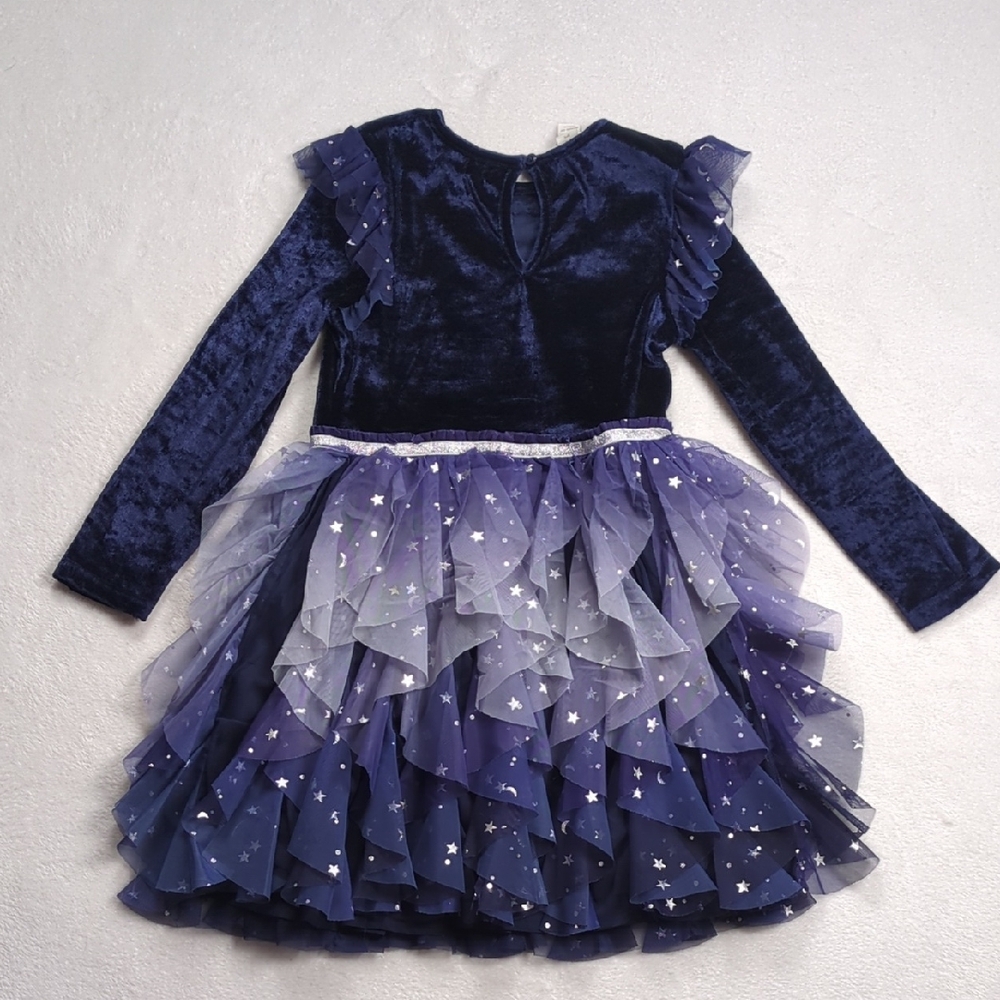Monsoon Girls Cosmic Velour Long Sleeve Disco Dress Blue (7/8 UK) - Picture 3 of 10